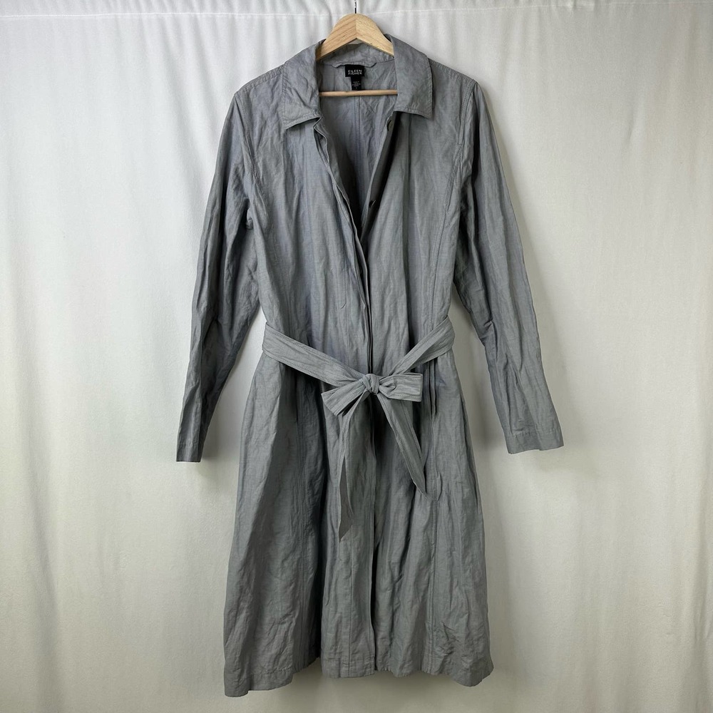 Eileen Fisher Duster Trench Coat Crinkle Metallic Grey Lightweight Button Belt L